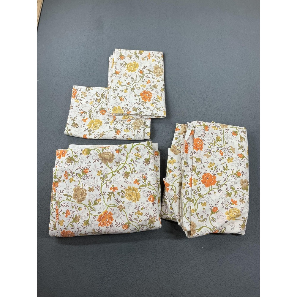 White Floral Double Sheet Set Non-Standard Cotton Yellow Rose Vintage Retro 70s